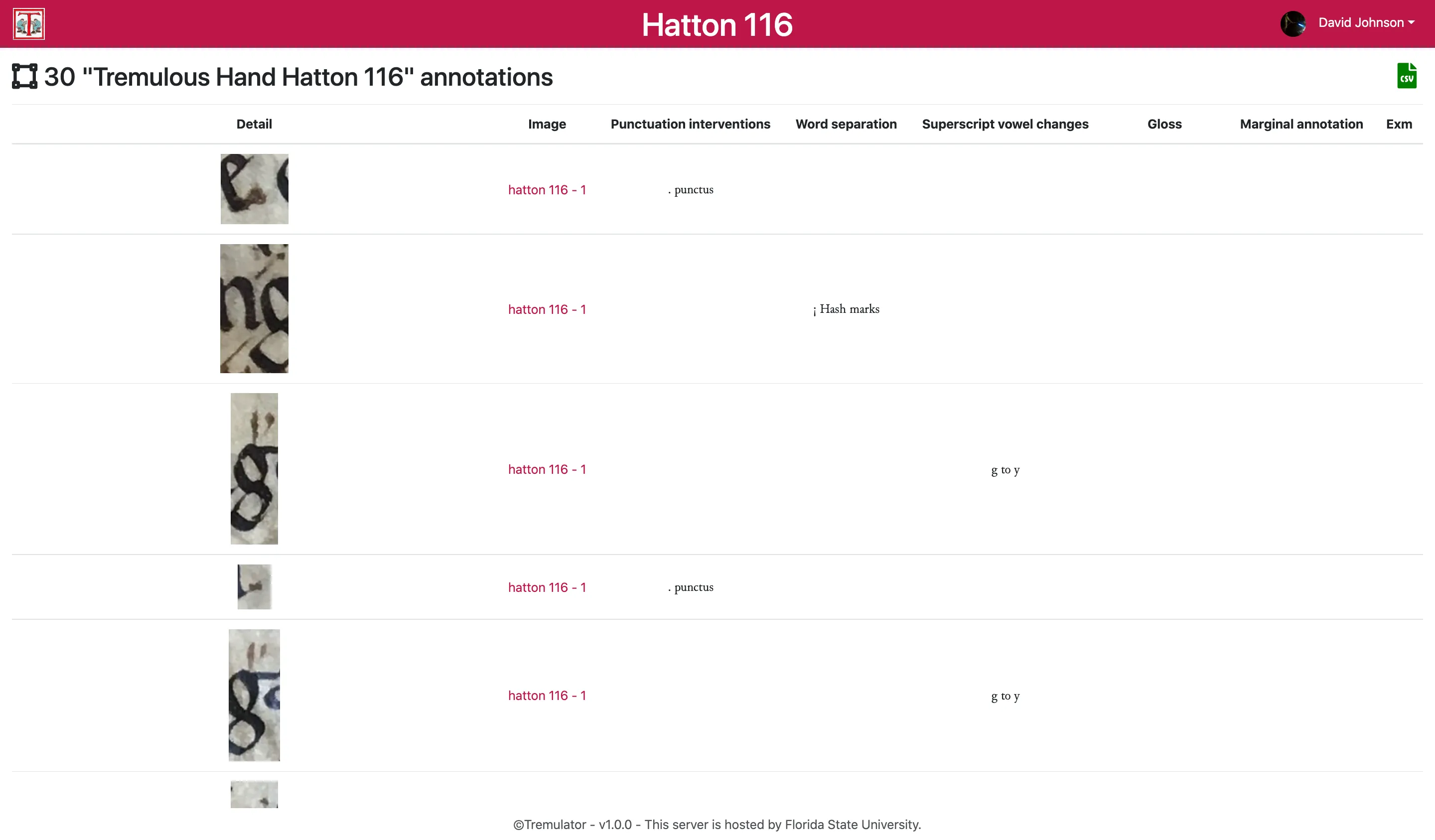 In the annotations list one can browse annotations pictures and associated data.