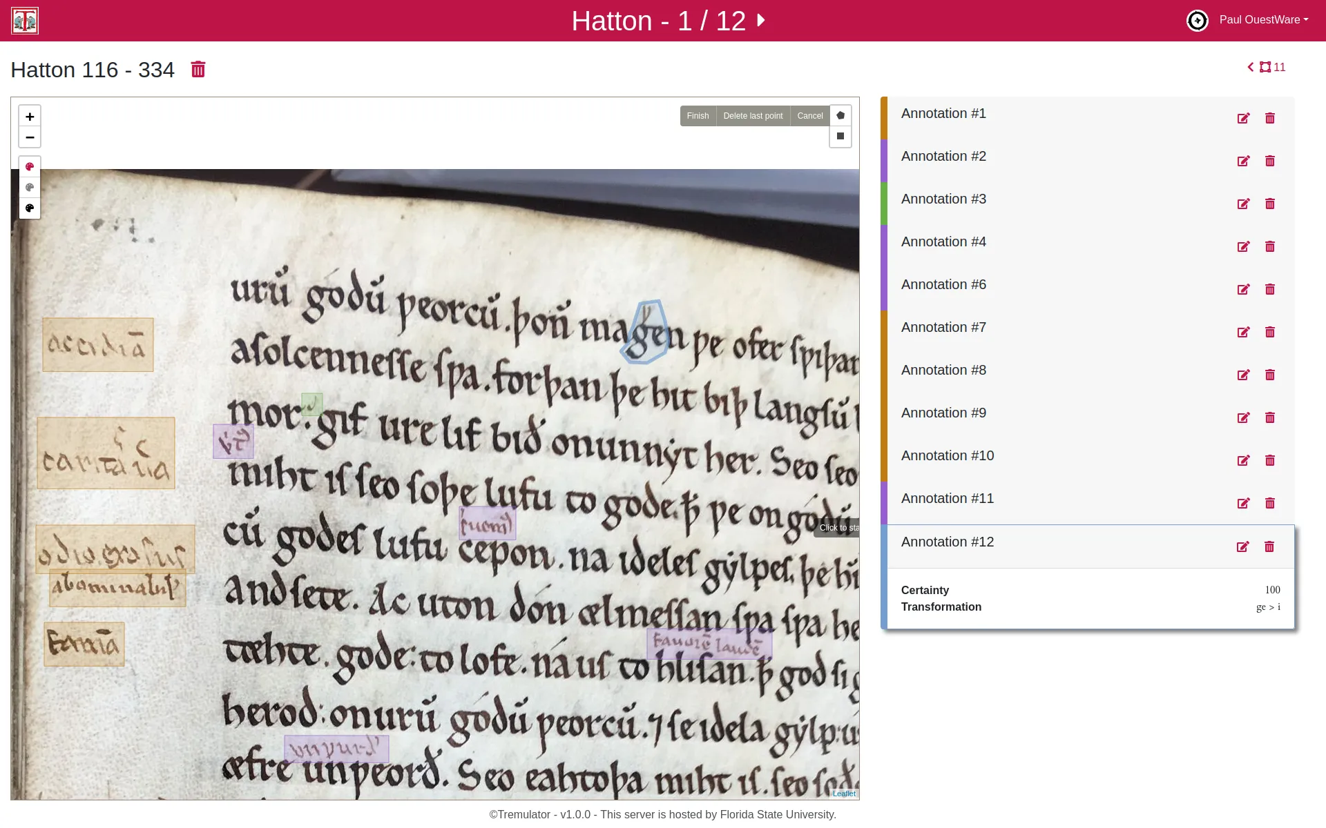 Hatton manuscript page 334 containing 12 annotations. Colours indicate the four annotations types.