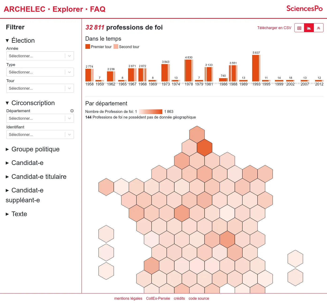 Visualisation of the selected document in time and in the french territory.