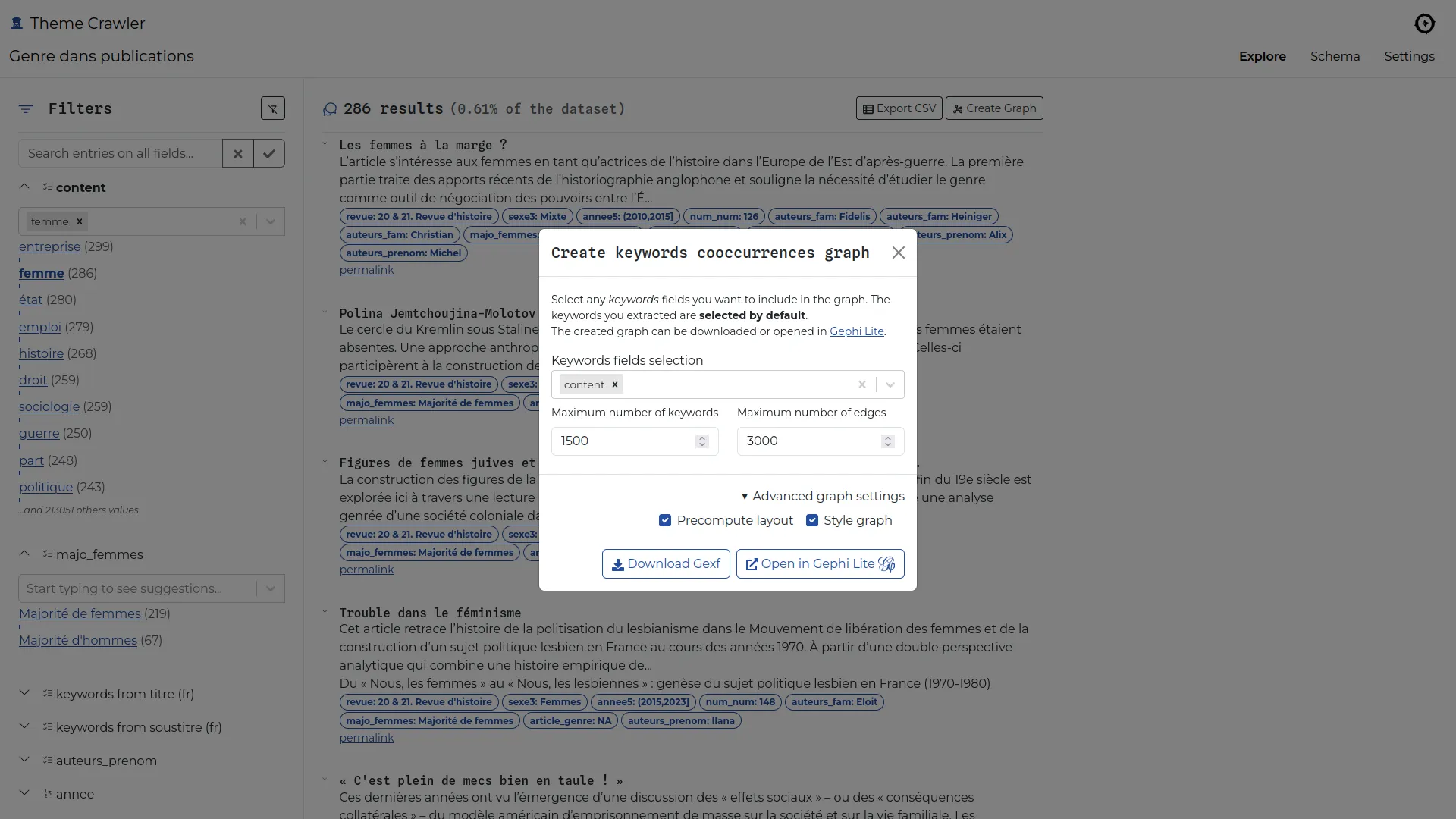 Cooccurrences network can be generated from any keyword column(s).
