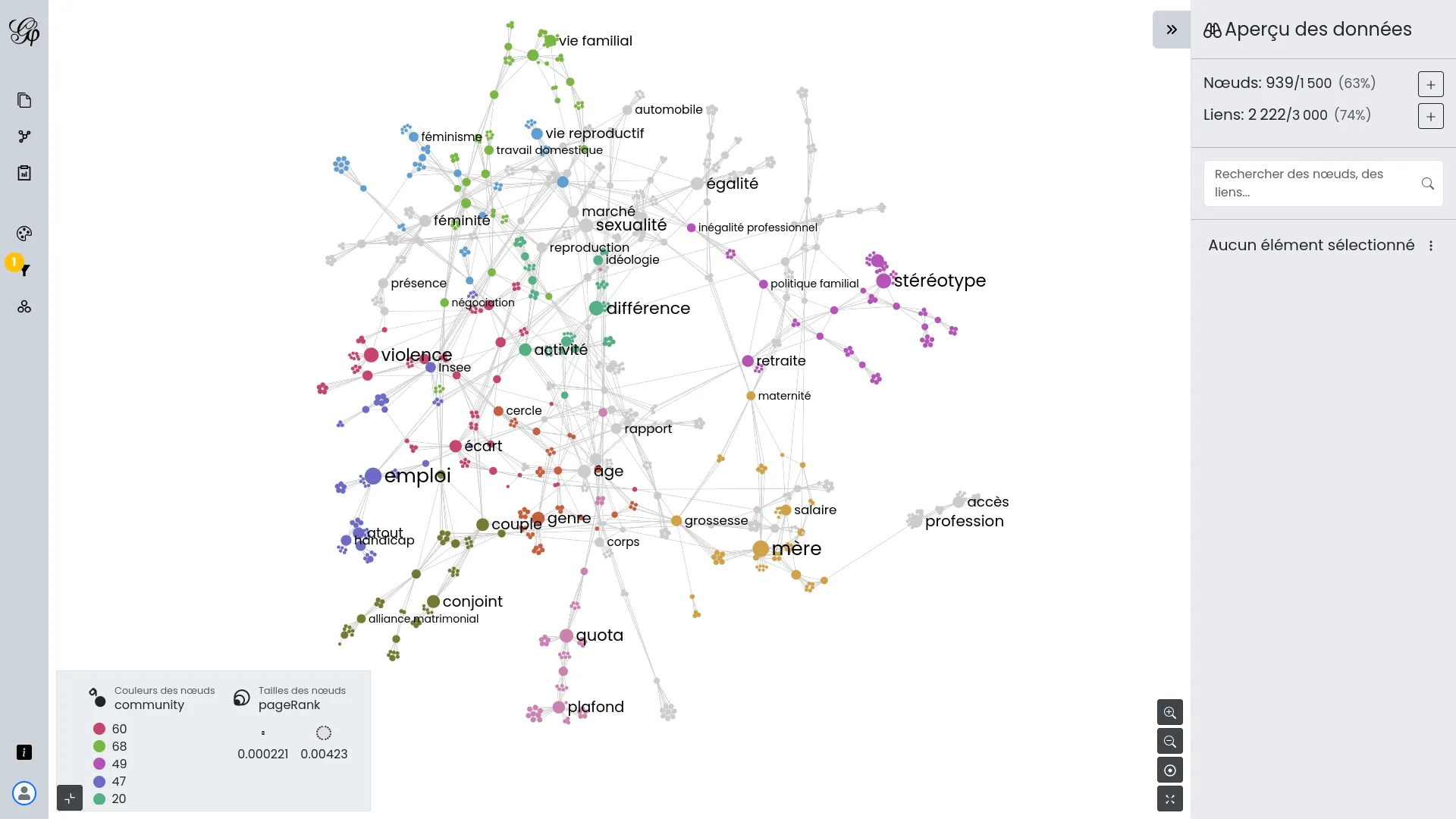 Once the network is ready, the application opens it in a new tab using Gephi Lite. Gephi Lite is controlled to show the right caption and use a default filter (largest connected component).