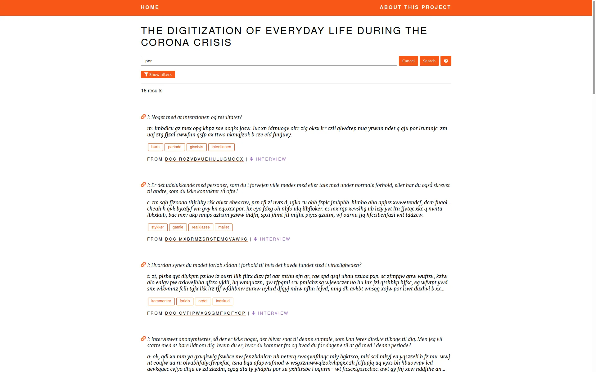 A search engine on interviews and field observations segments