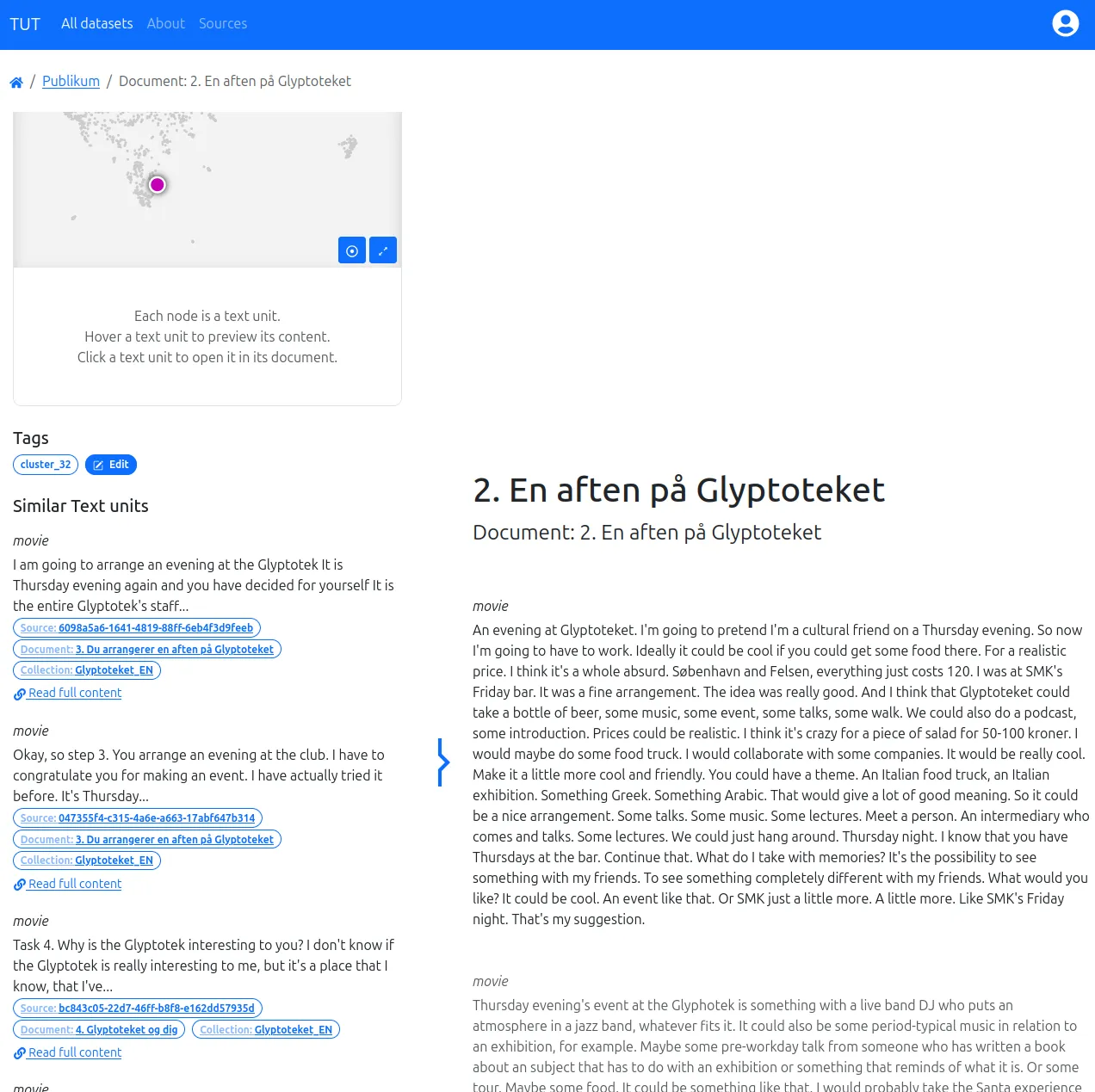 Texts are grouped by document. While reading texts in their document context, the interface shows the most similar other texts found in the corpus.