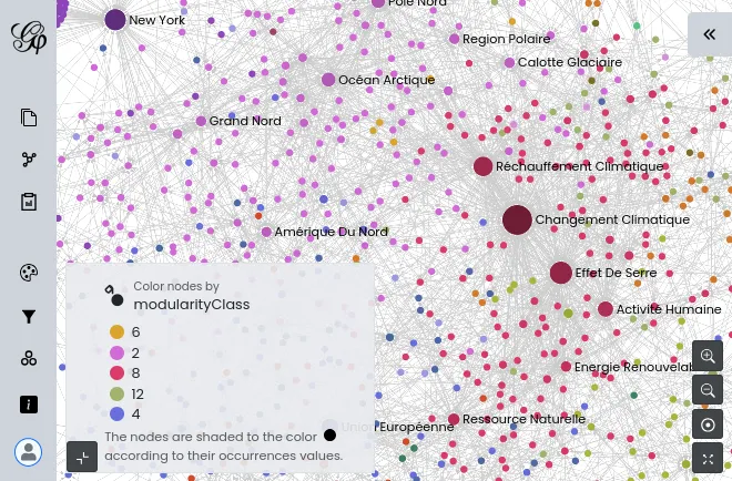 Un réseau dans Gephi Lite, avec la couleur des nœuds "nuancée" par un attribut