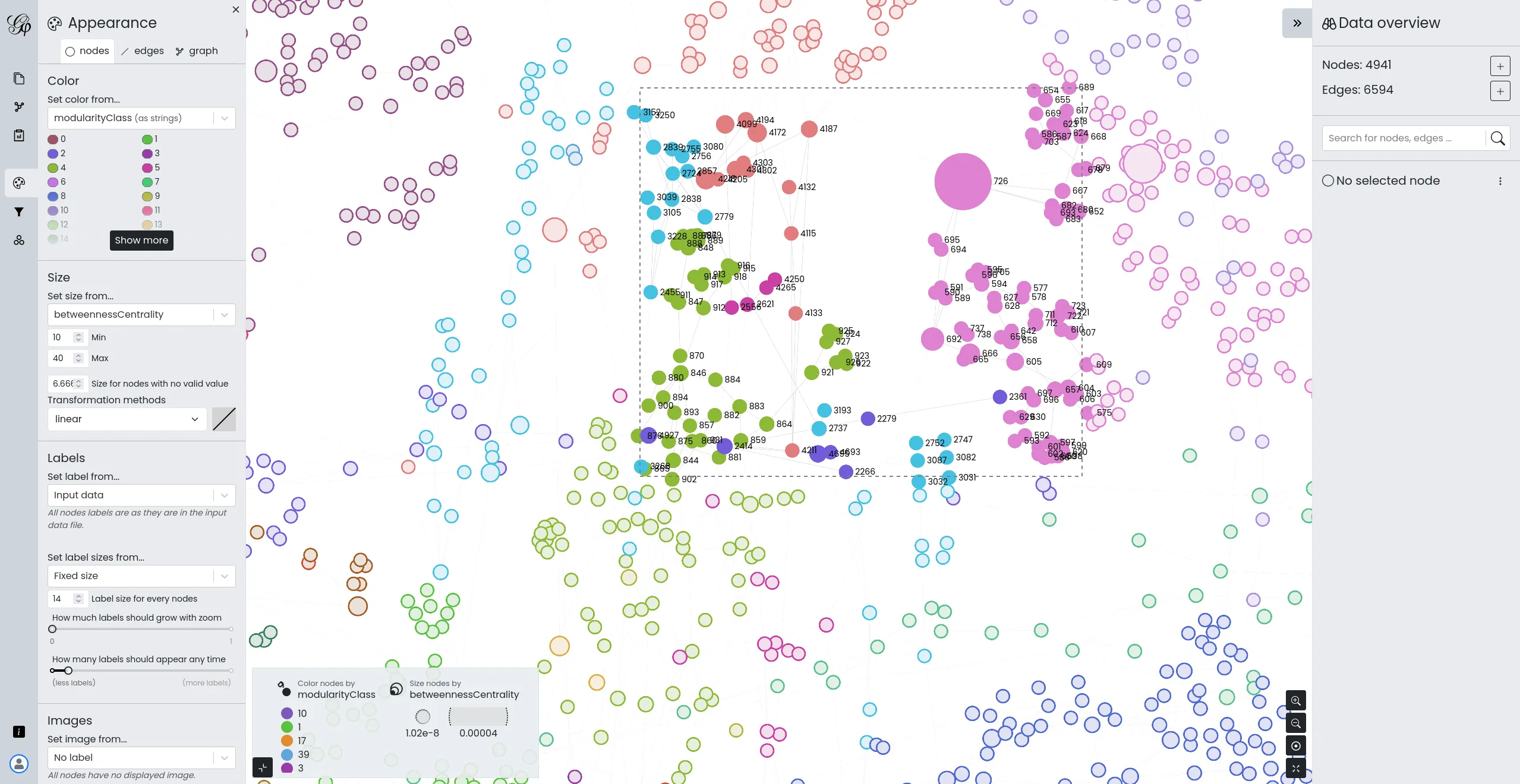 Sélection "rectangle" dans un graphe dans Gephi Lite