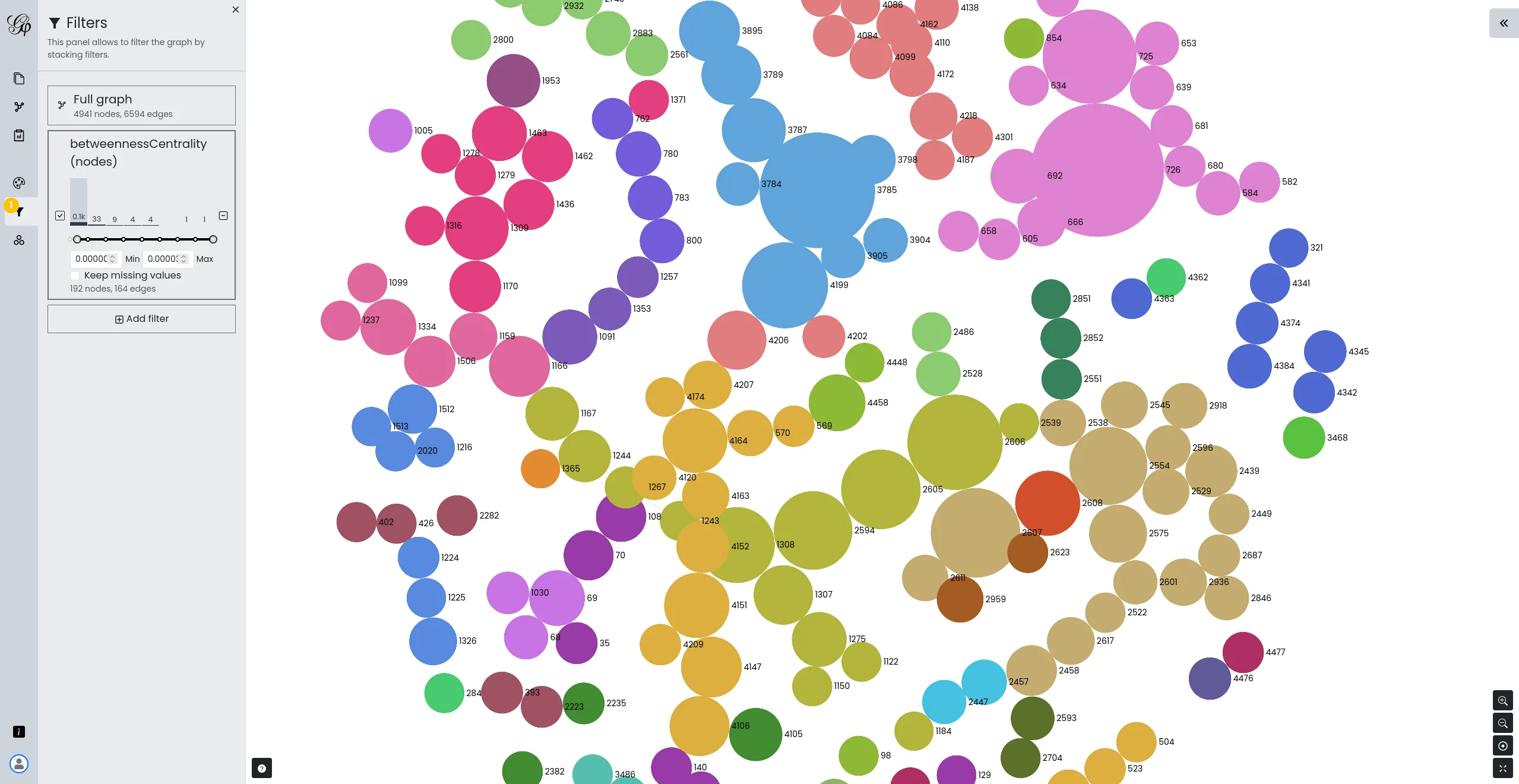 Filtering in a graph in Gephi Lite