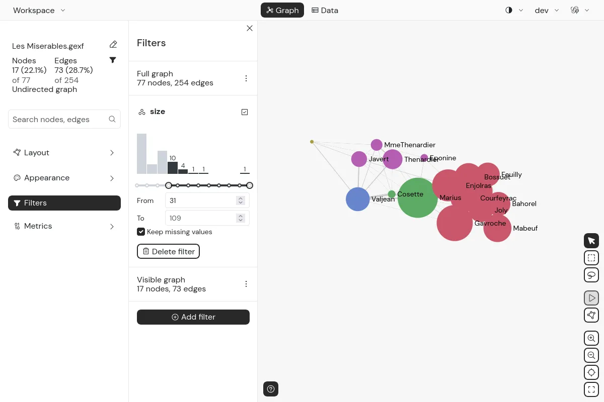 Filtering in a graph in Gephi Lite
