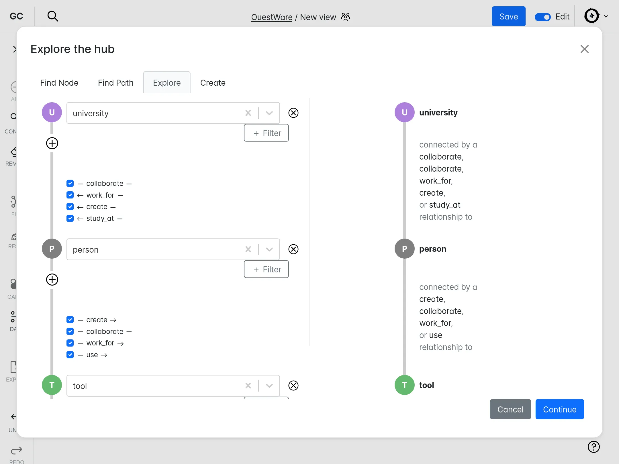 La fonctionnalité payante 'Hub' permet de créer de multiples vues sur une même graphe de connaissance. Sur cet écran nous créons une vue à partir d'une recherche de chemins allant des universités aux outils en passant par les personnes.