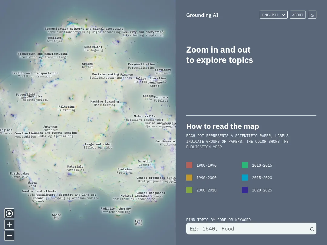 The application presents the map next to a panel, that shows the caption, or information about the selected topic.