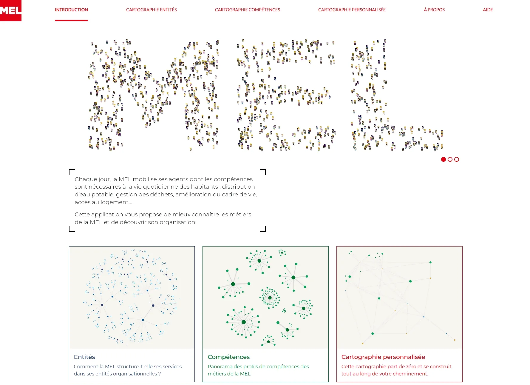 Une animation sur la page d'accueil représente la communauté des agents formant la MEL se recomposant par pôle et métiers les plus peuplés.