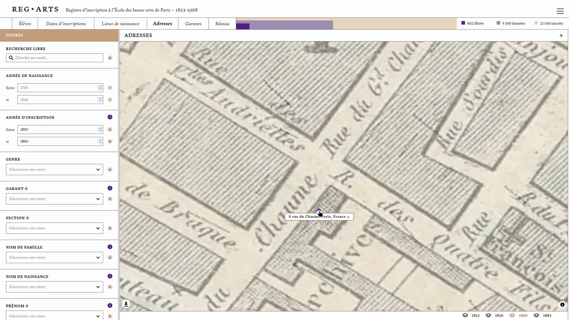 Des cartes historiques de la ville de Paris (fournies par Paris time Machine) permettent de vérifier les changements de rue quand on s'intéresse aux domiciles des élèves. Sur cet exemple, la rue de Chaume s'appelle aujourd'hui la rue des archives.