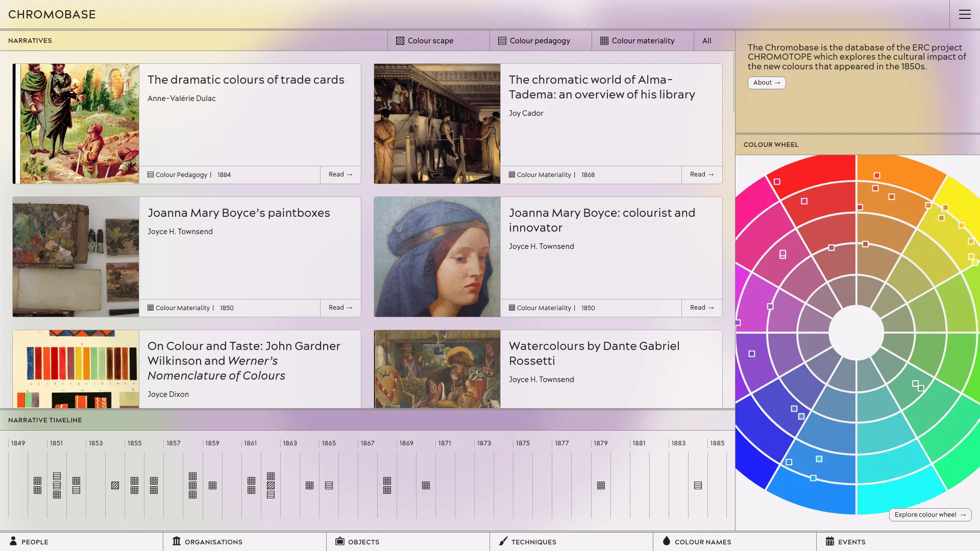 Chromobase home page showing narratives as a list and a timeline and one colour wheel.
