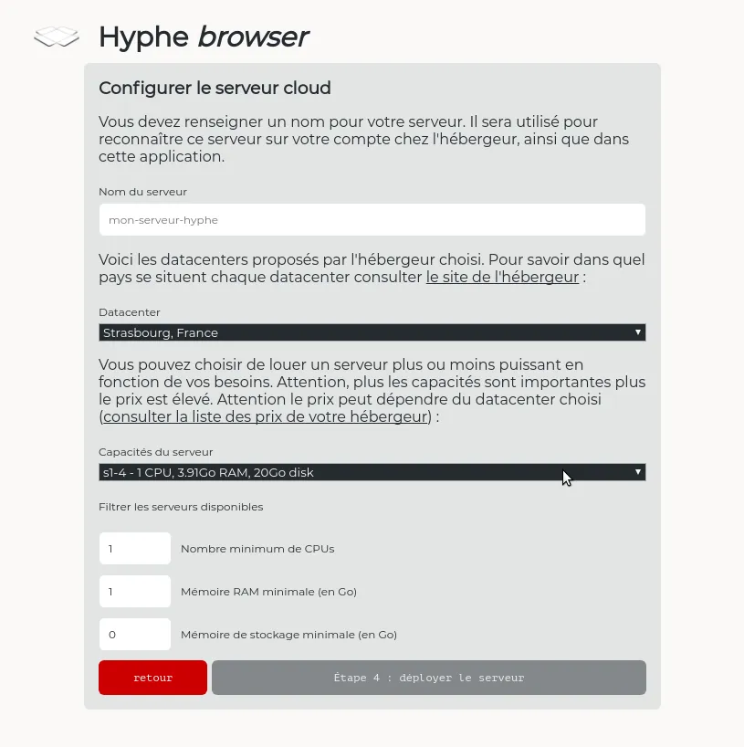 Choix des capacités du serveur cloud à déployer (Hyphe Browser)