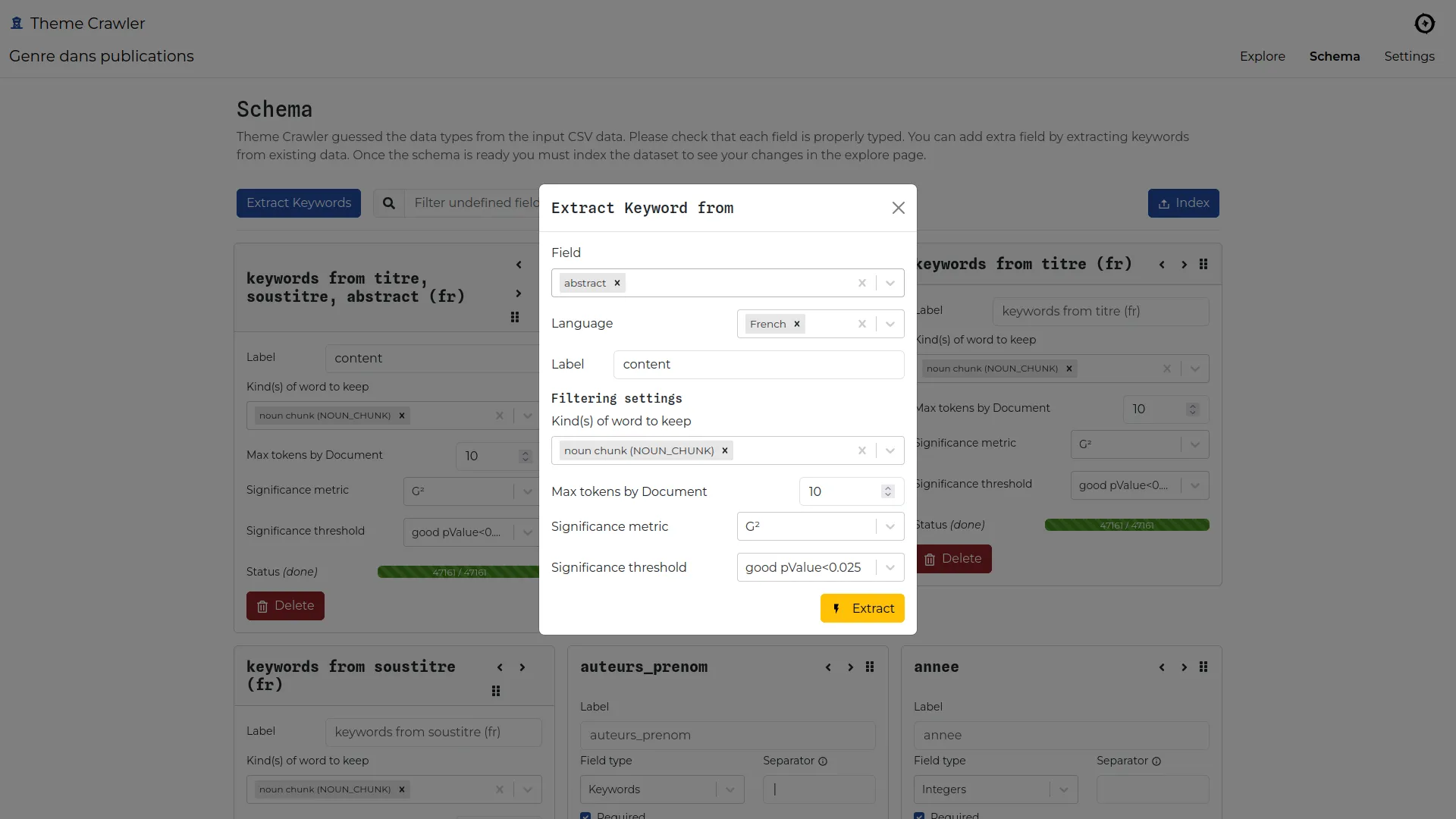 In the schema admin page, users can set up data column types and extract keywords from a text column.