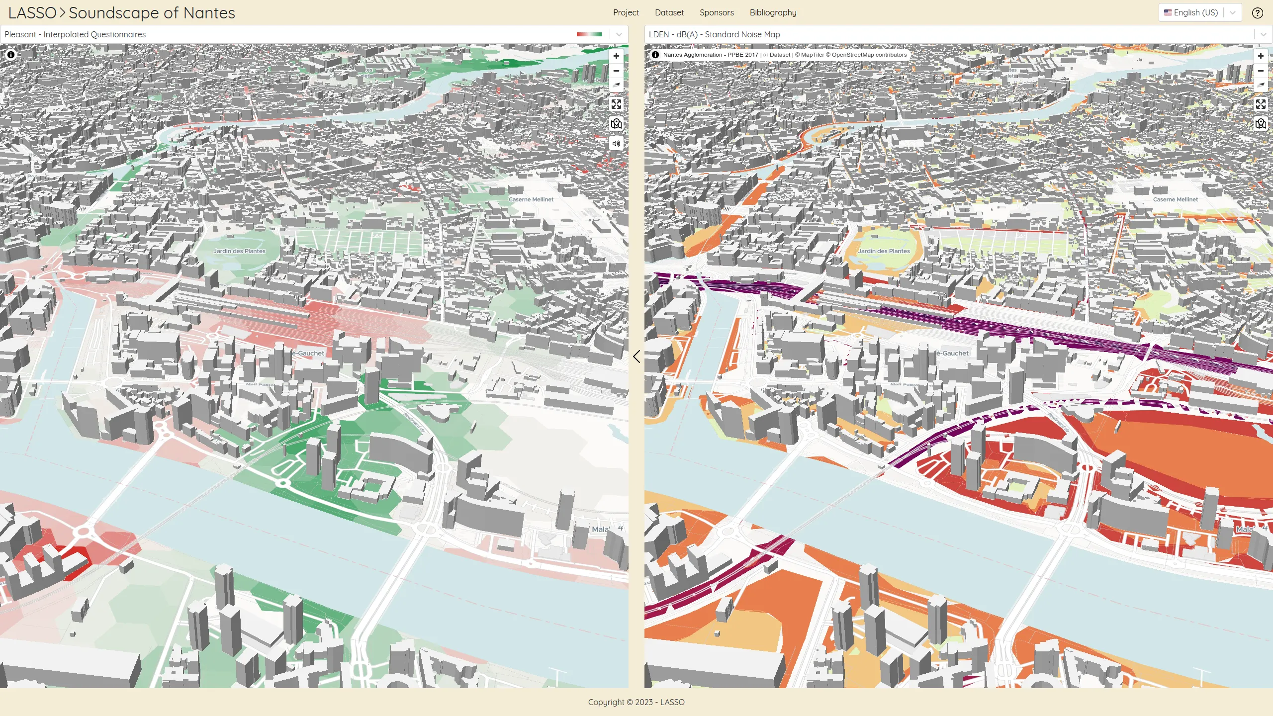 Two maps are synchronised to ease to compare variables: 'pleasant' on the left, standard noise levels on the right.