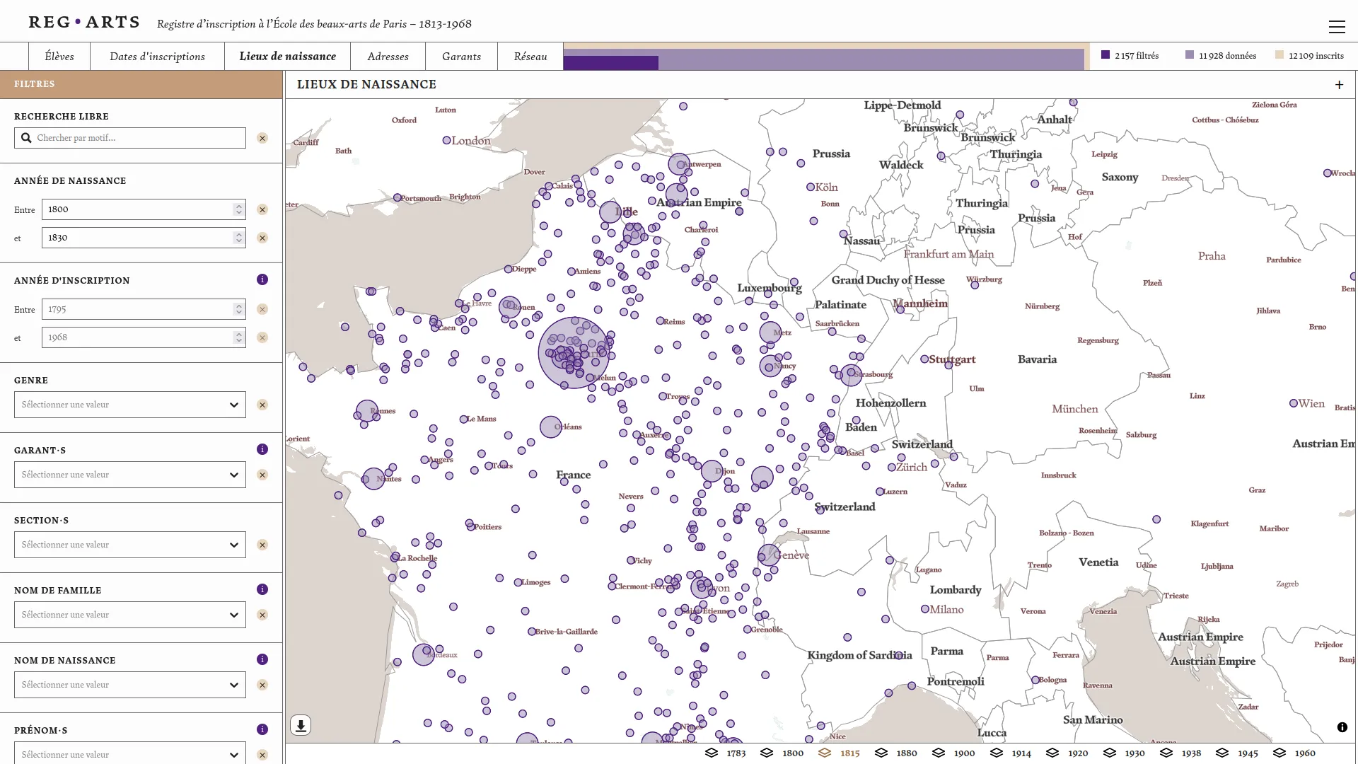 La carte des lieux de naissance des élèves né.é⋅s entre 1800 et 1830 utilisant les frontières de 1815 comme fond de carte.