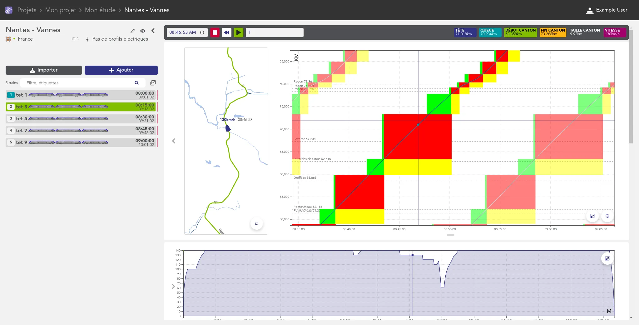 The "warped" view enhances the classical railway space-time diagram with exhaustive infrastructure data mapped on top of OpenStreetMap geographic layers.