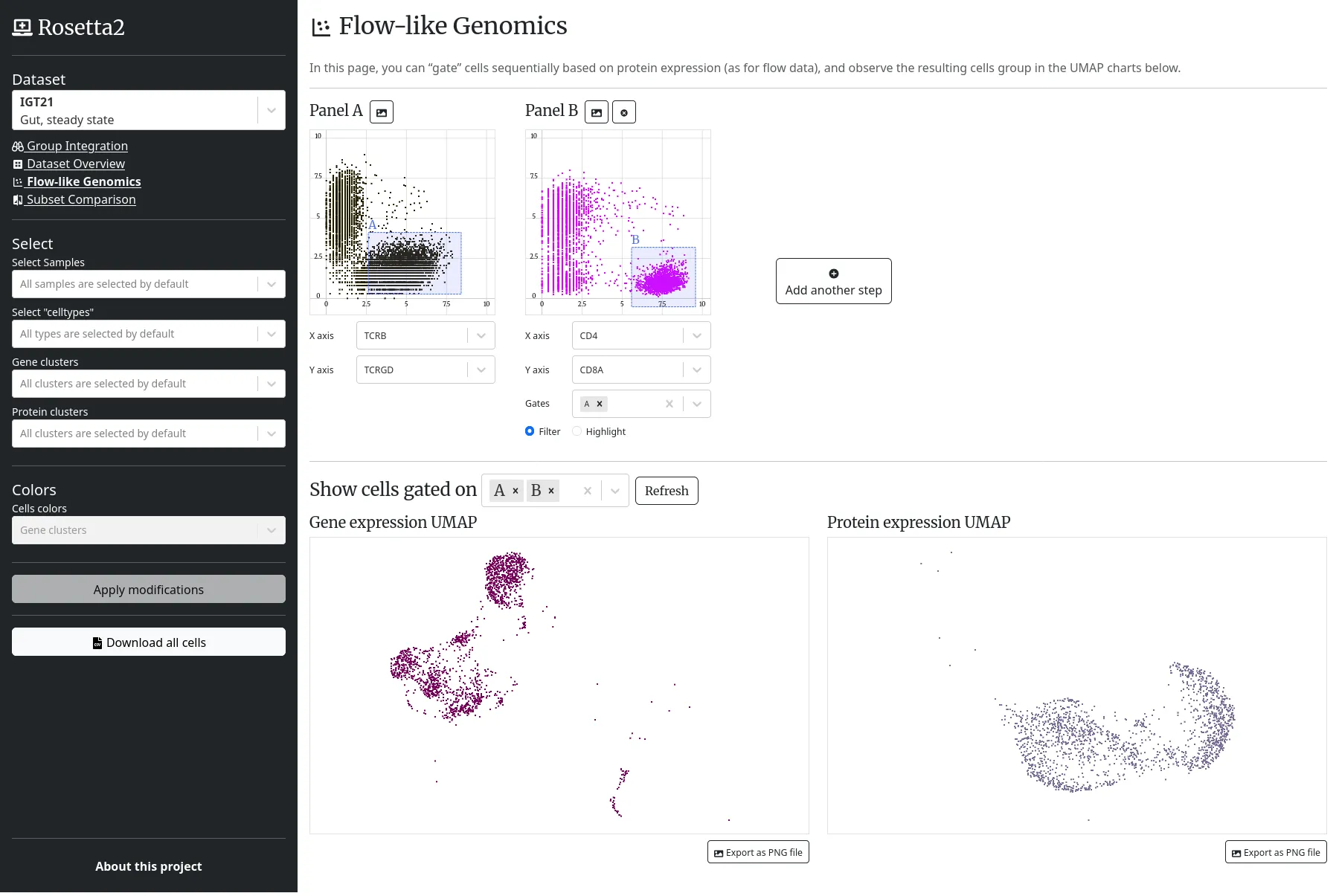 The "Flow-like Genomics" view allows users to apply sequential filters, to observe the resulting cells on a UMAP diagram.