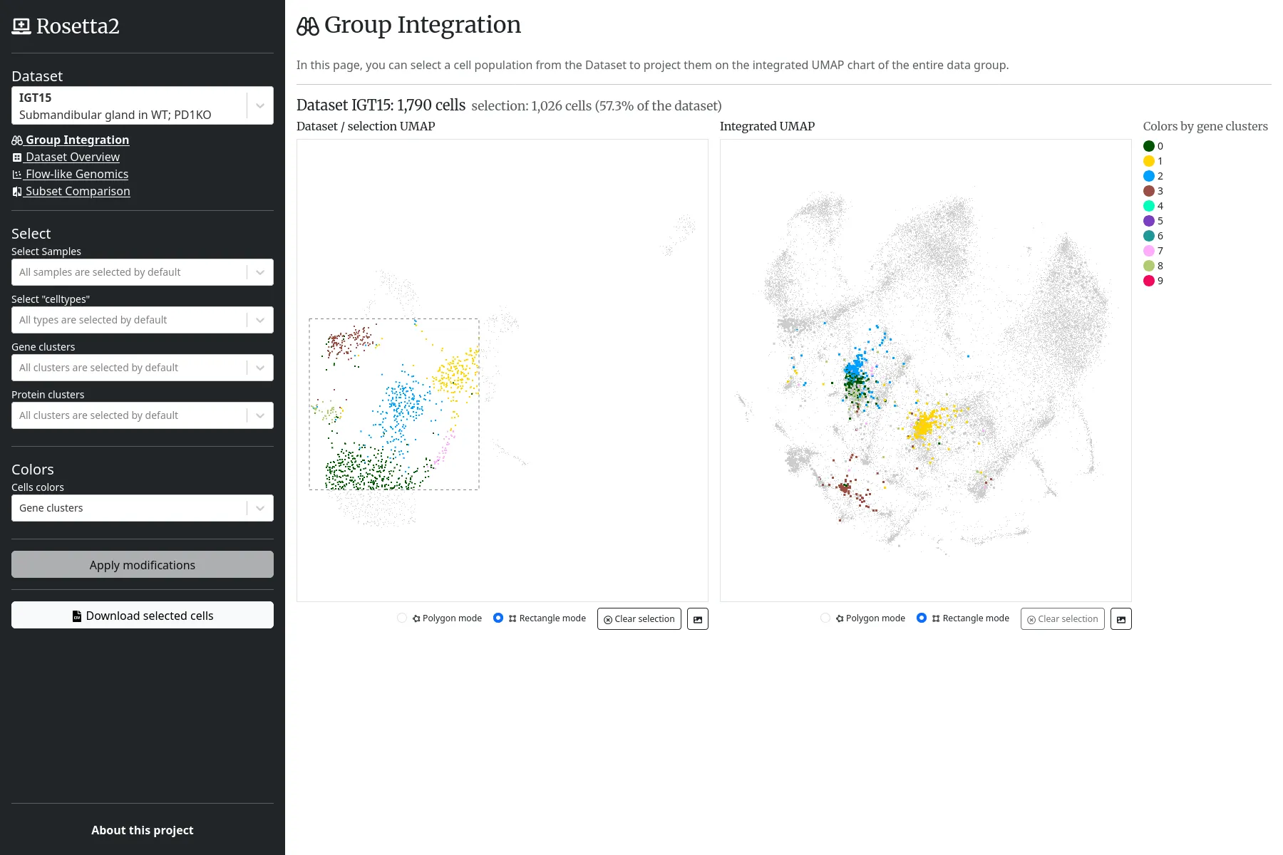 The "Group Integration" view allows highlighting a local cells population in the global UMAP diagram, with all cells from every datasets of the project.