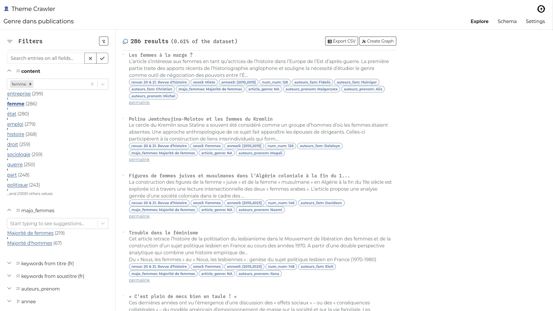 The search engine: each CSV column becomes a filter according its content type.