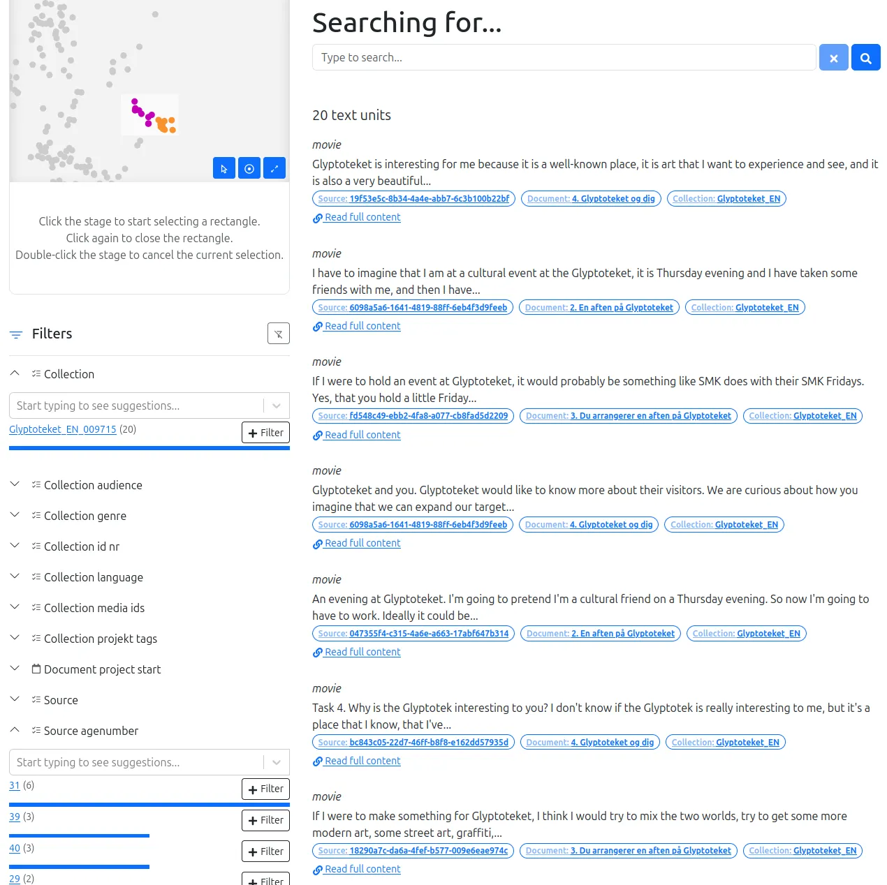 The search engine with filters on metadata and on the proximity map.
