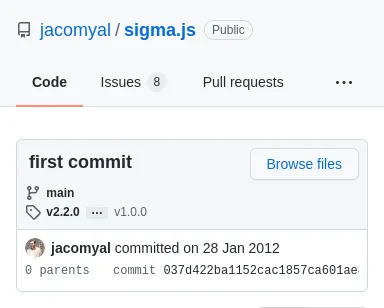 A screenshot showing that the first commit of sigma.js dates back to January 2012