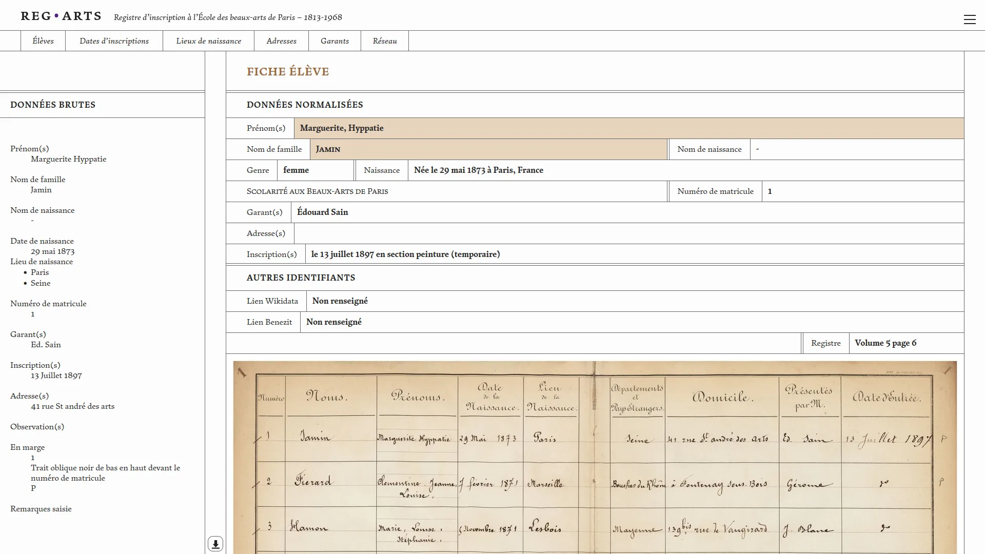 The student record sheet shows the standardized data, the raw data (as transcribed), and the scan of the register page from which the data was extracted.